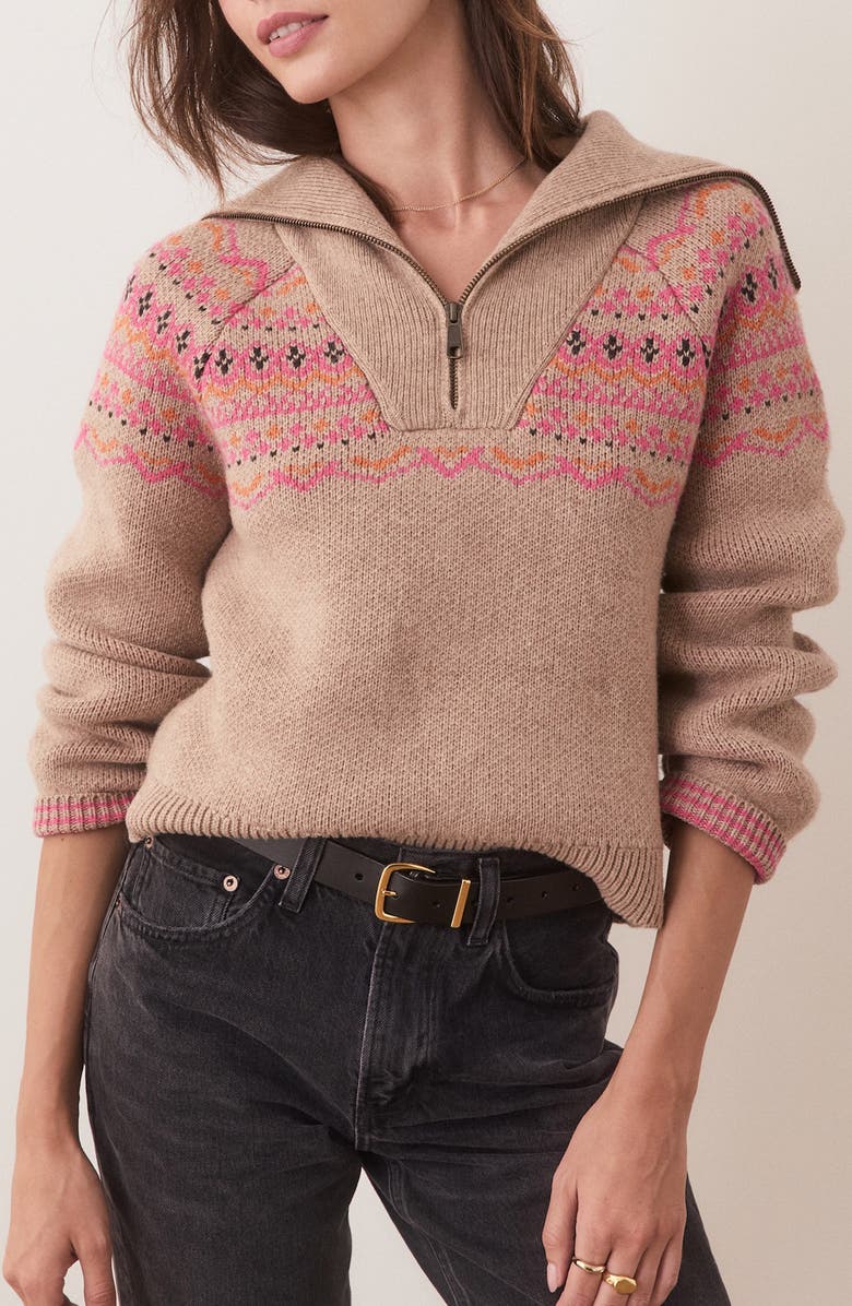 Marine Layer Archive Whitney Fair Isle Quarter Zip Sweater, Main, color, Camel