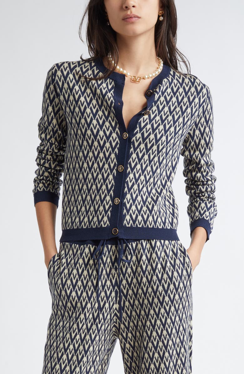 Valentino Garavani Toute La V Jacquard Virgin Wool Cardigan, Main, color, Navy/ Cream
