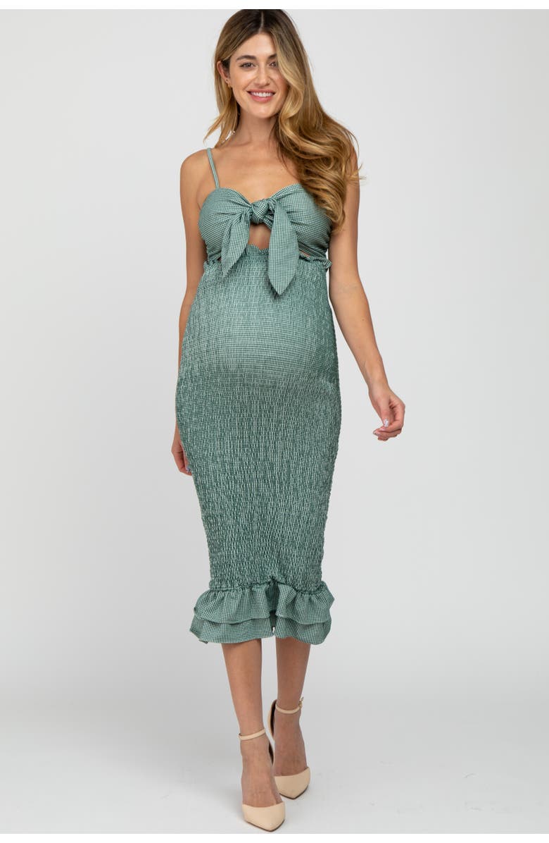 PinkBlush Gingham Print Smocked Fitted Self-Tie Midi Dress, Alternate, color, Green