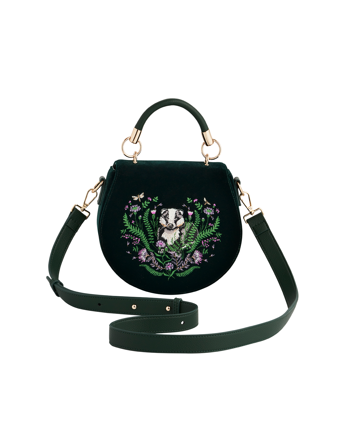 Fable England Badger Embroidered Green Top Handle Saddle Bag, Alternate, color, Woodland Green