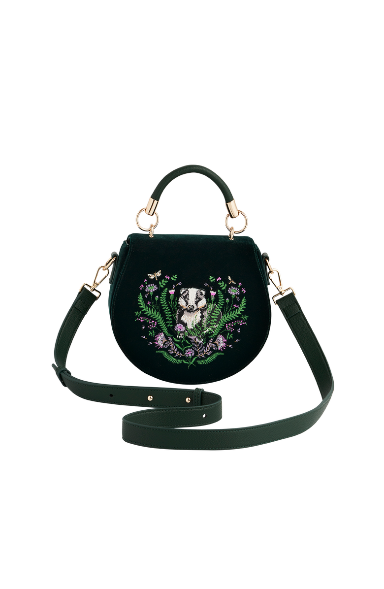 Fable England Badger Embroidered Green Top Handle Saddle Bag, Alternate, color, Woodland Green