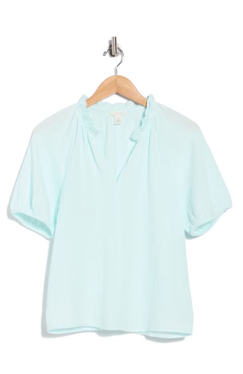 Split Neck Puff Sleeve Cotton Gauze Top