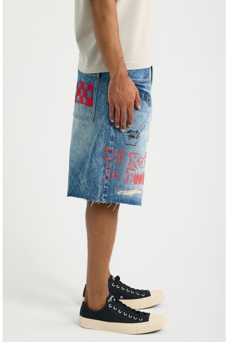 Doodle Distressed Raw Hem Denim Shorts, Alternate, color, INDIGO