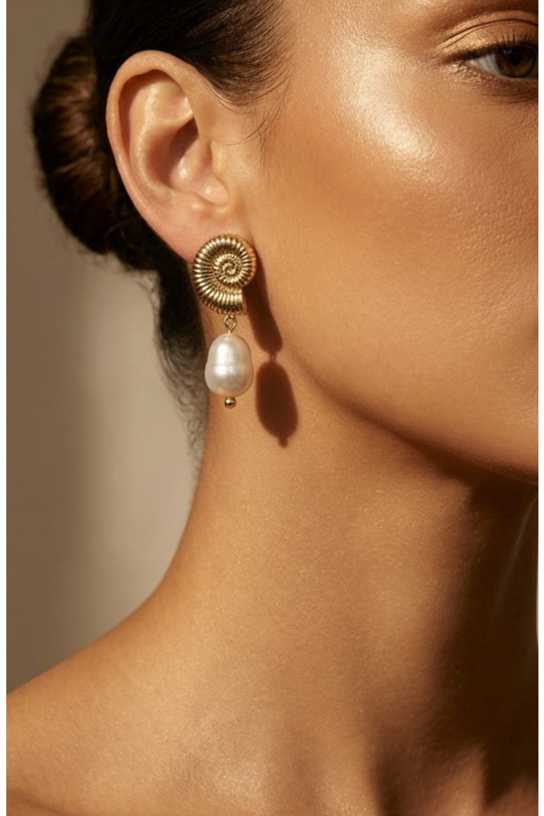 x SHARINA Seashell Faux Pearl Drop Earrings, Alternate, color, GOLD