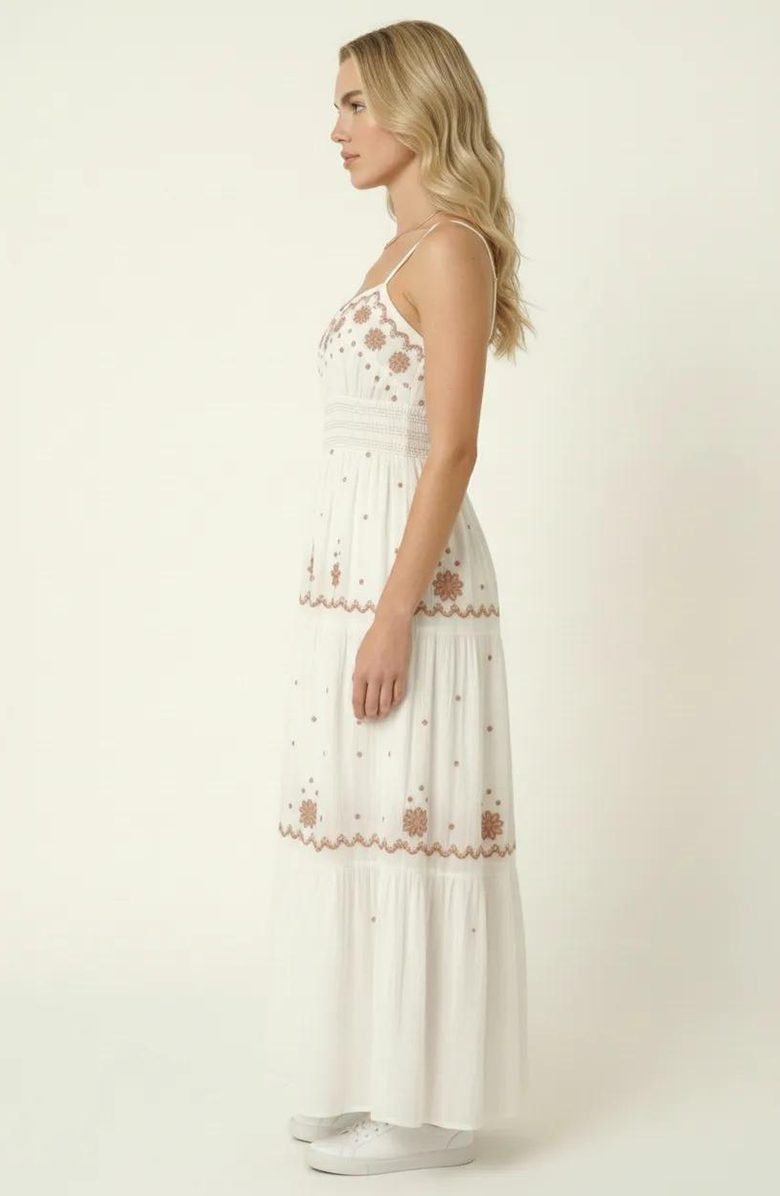 Modenaire Embroidered Tiered Maxi Dress, Alternate, color, White / Brown Embroidery