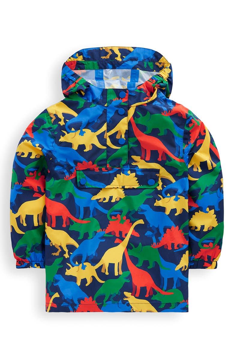 Mini Boden Kids' Waterproof Hooded Popover Rain Jacket, Main, color, Navy Multi Dinos