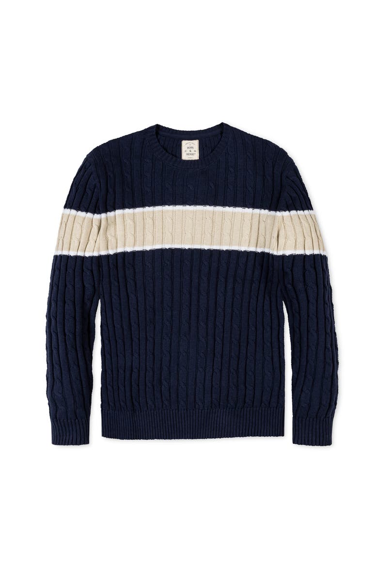 Organic Crew Neck Cable Sweater, Alternate, color, Navy Chest Stripe