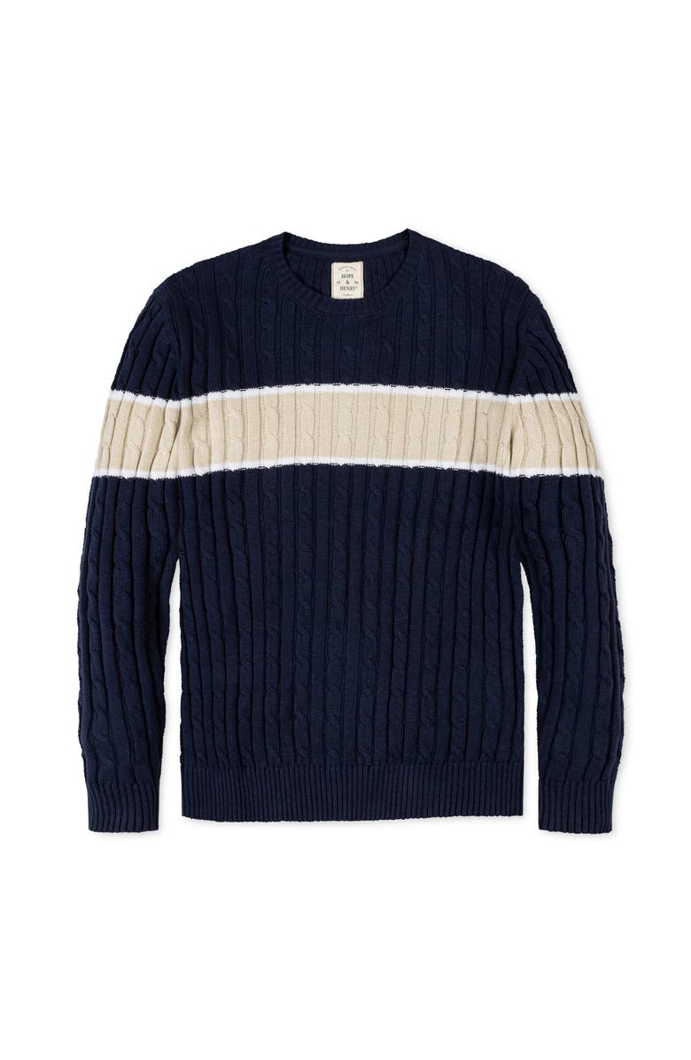 Hope & Henry Organic Crew Neck Cable Sweater, Alternate, color, Navy Chest Stripe