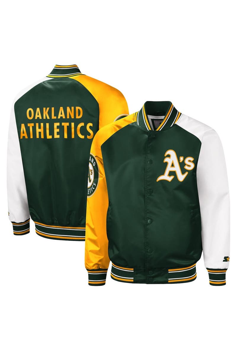 STARTER Men's Starter Green/Gold Oakland Athletics Reliever Varsity Satin Raglan Full-Snap Jacket, Main, color, 