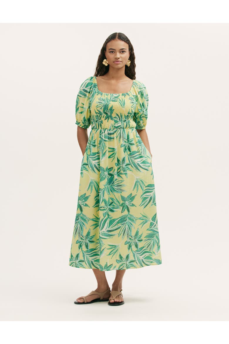 Enzo Short Sleeve Floral Midi Dress, Main, color, Lime Tropical Bloom