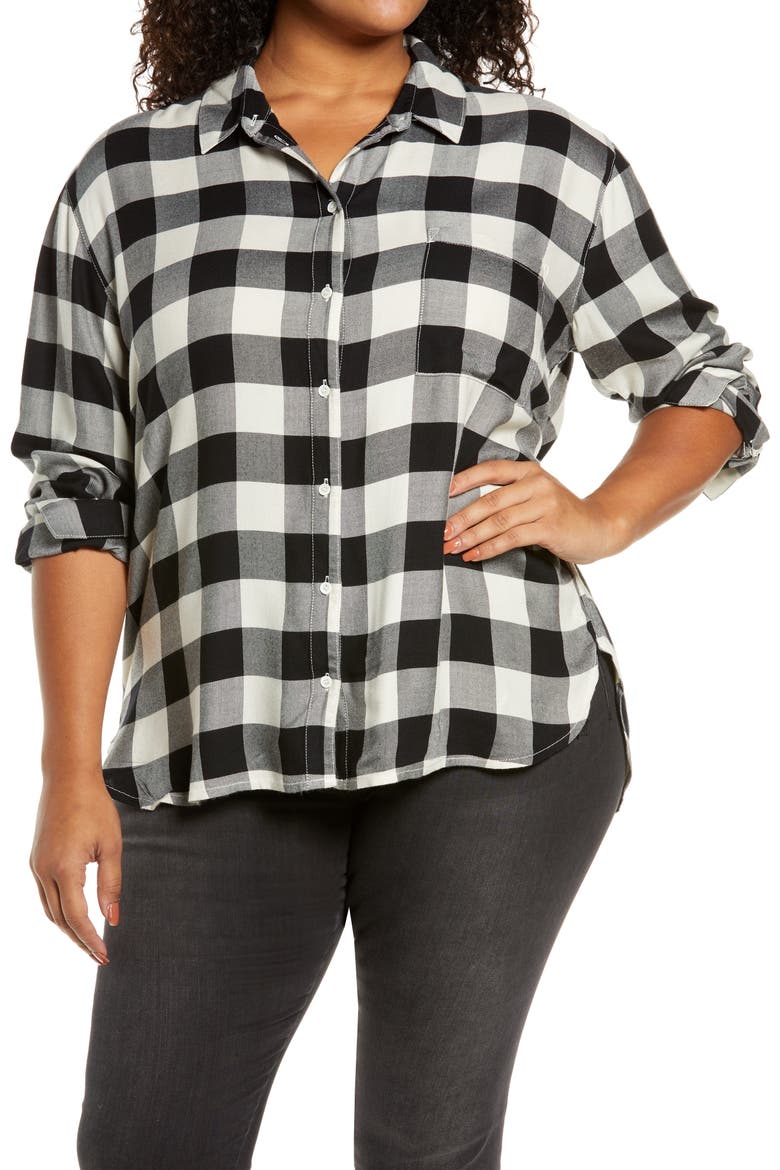Plaid Boyfriend Shirt, Main, color, IVORY- BLACK BUFFALO PLAID