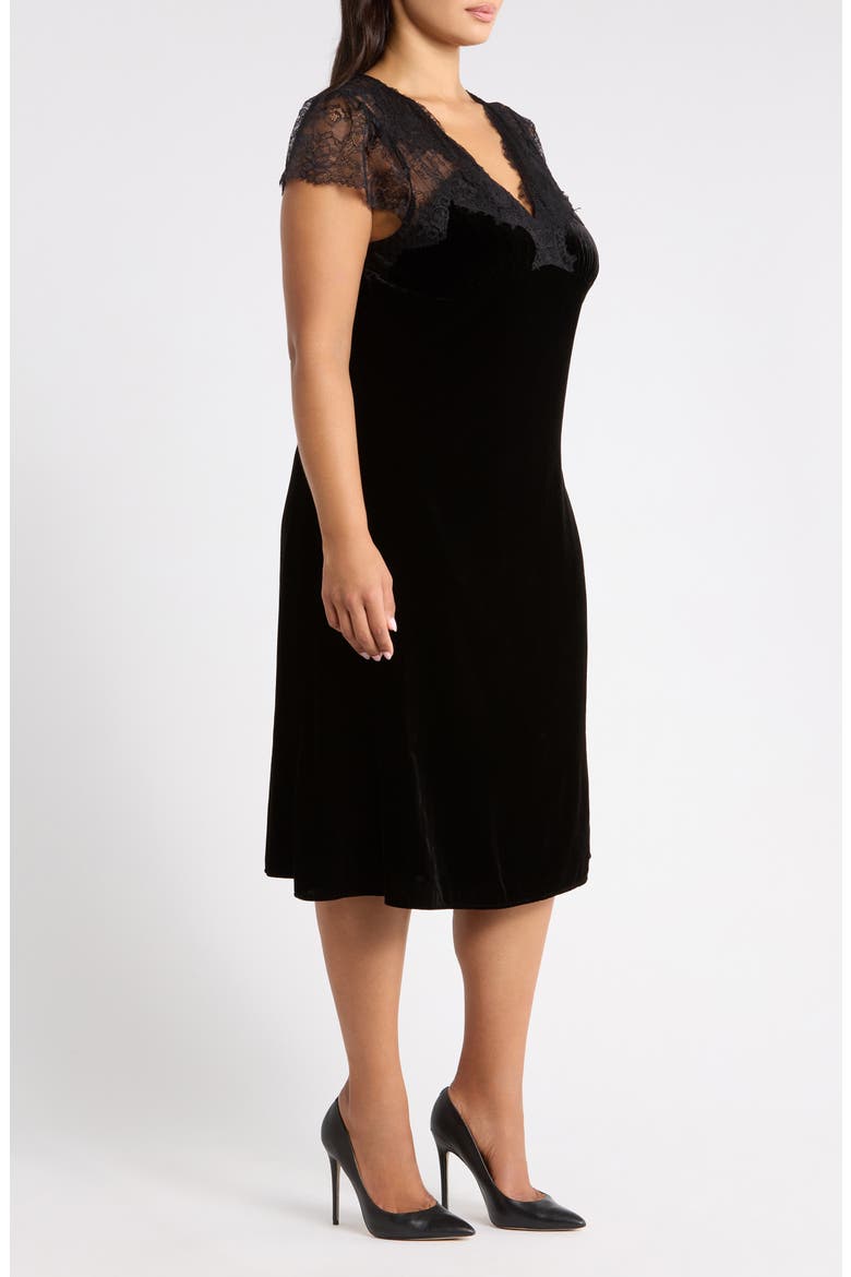 Lace and Velvet Midi Dress, Alternate, color, BLACK