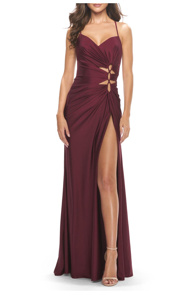 La Femme Jersey Long Prom Dress with Trendy Waist Cut Outs, Main, color, Dark Berry