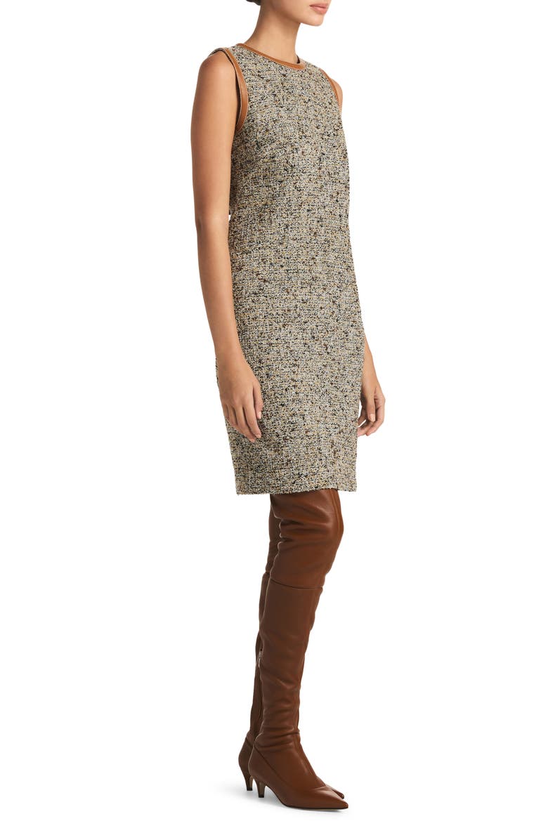 St. John Collection Sleeveless Leather Trim Bouclé Tweed Dress, Alternate, color, 
