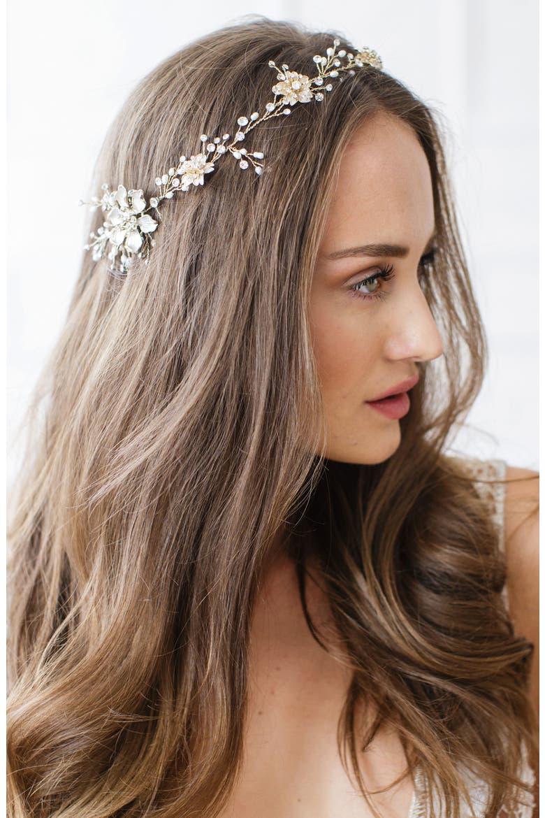 Atiena Embellished Floral Motif Halo & Sash, Alternate, color, 14 K GOLD