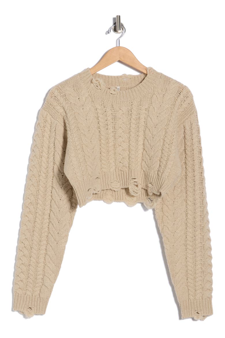Distressed Wool Cable Knit Crop Sweater, Alternate, color, OATMEAL