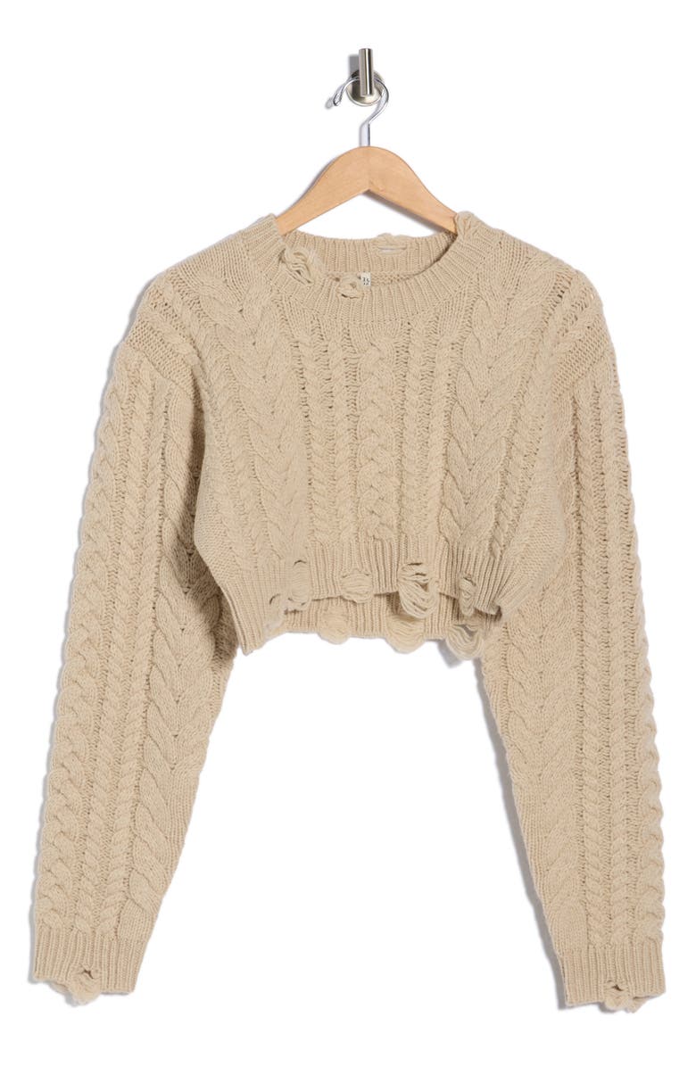 R13 Distressed Wool Cable Knit Crop Sweater, Alternate, color, Oatmeal