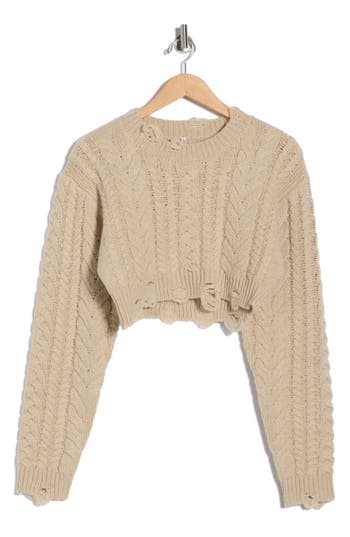 R13 Distressed Wool Cable Knit Crop Sweater In Brown