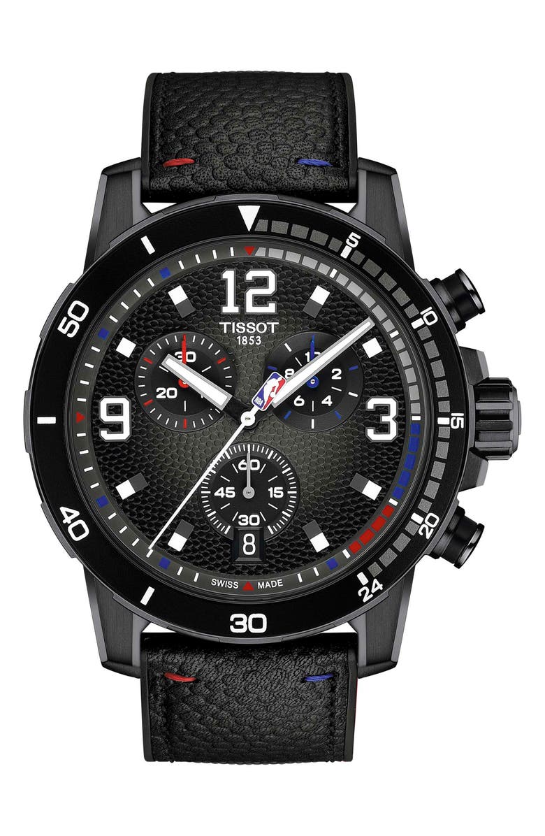 Tissot Supersport NBA Special Edition Chronograph Leather Strap Watch, 45.5mm, Main, color, Black