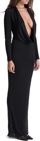 Cowl Neck Long Sleeve Stretch Jersey Maxi Dress