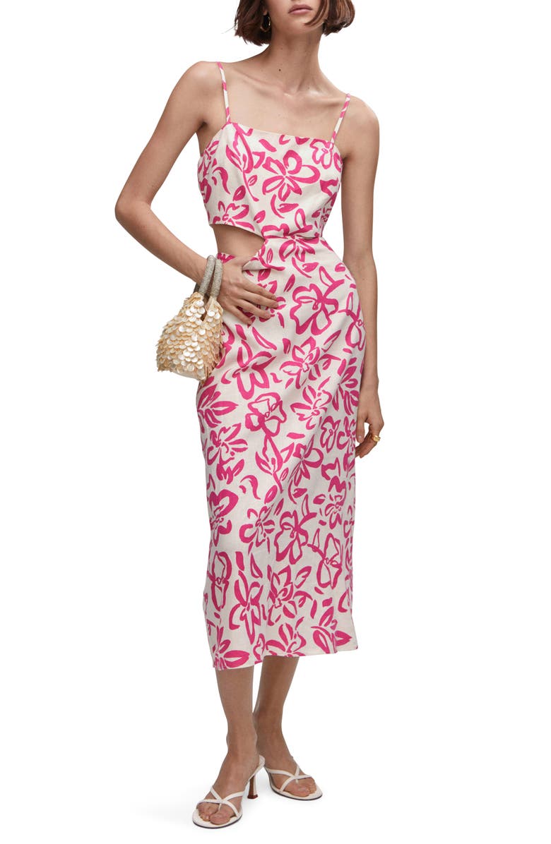 MANGO Floral Cutout Linen Blend Midi Dress, Main, color, 