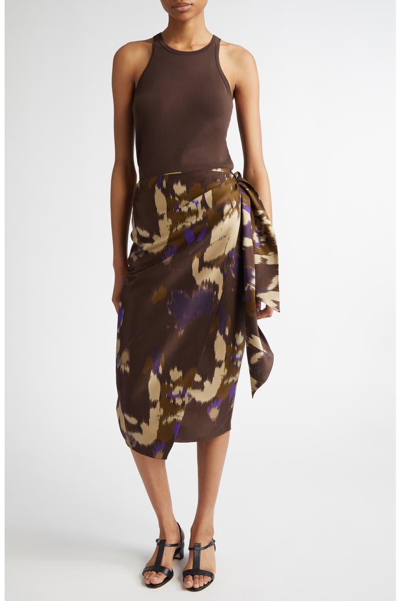 Dritto Floral Shantung Silk Wrap Skirt, Alternate, color, COFFEE