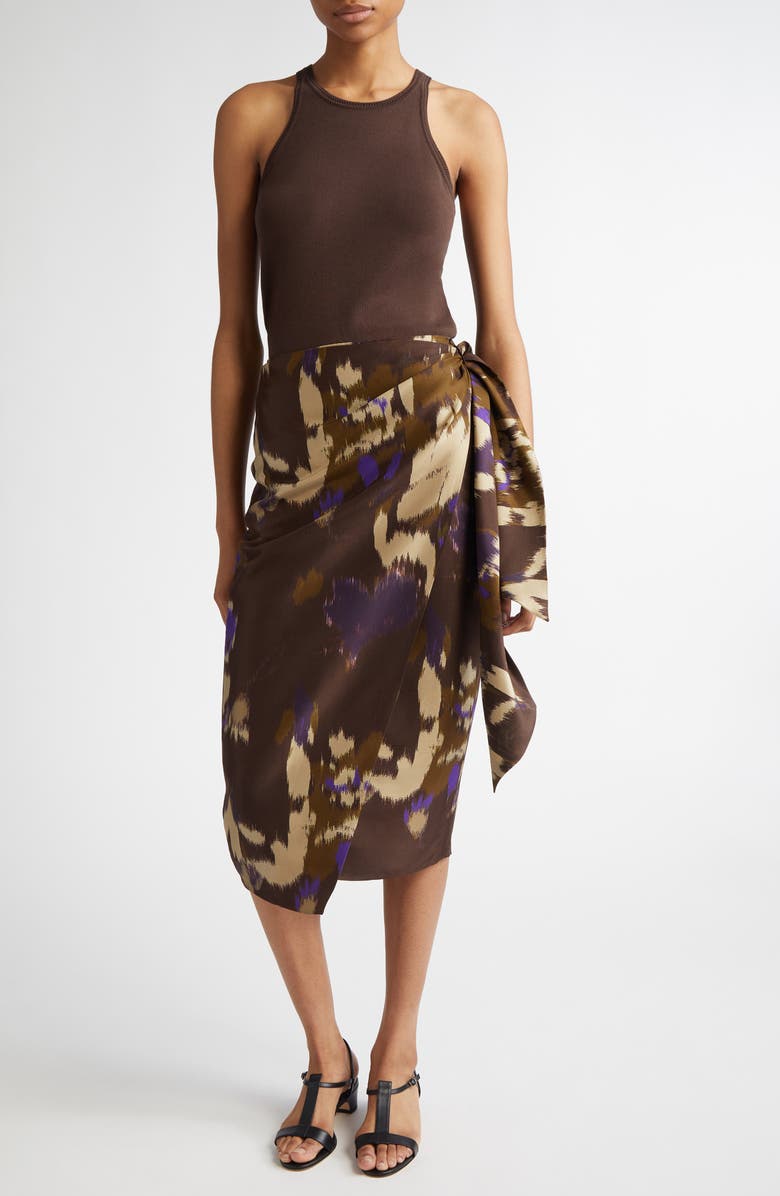 Max Mara Dritto Floral Shantung Silk Wrap Skirt, Alternate, color, Coffee