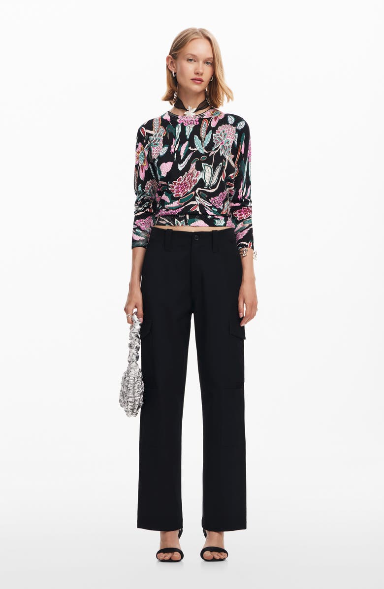 Desigual Manchester Floral Print Crewneck Sweater, Alternate, color, Black