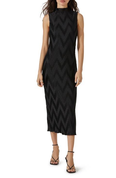 Zigzag Plissé Mock Neck Midi Dress