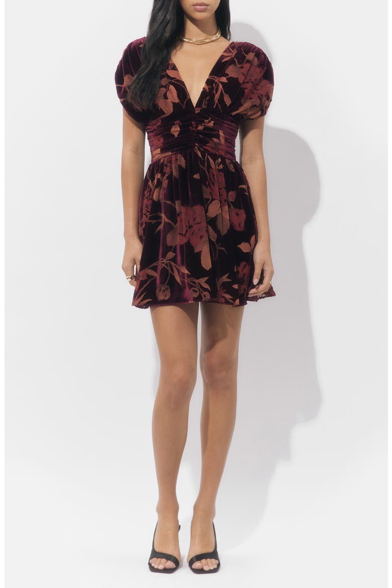 Myla Floral Print Ruched Velvet Minidress, Main, color, BURGUNDY
