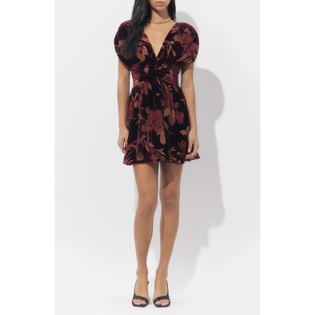 Adelyn Rae Myla Floral Print Ruched Velvet Minidress In Burgundy