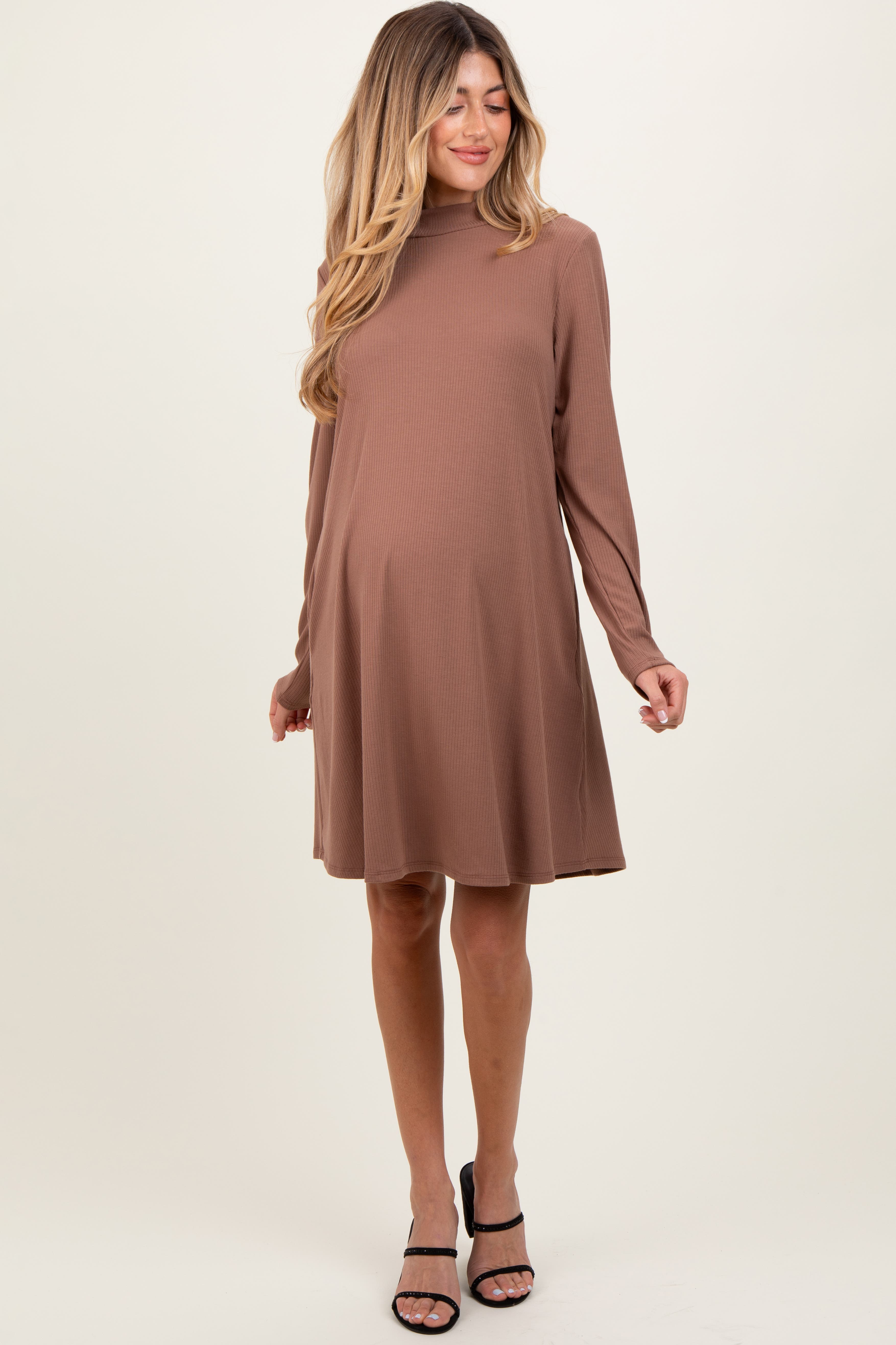 Pinkblush Ribbed Mock Neck Long Sleeve Basic Dress In Brown
