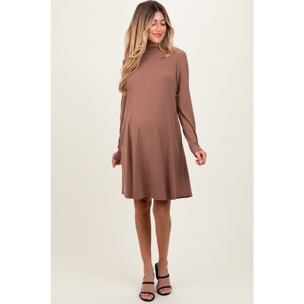 Pinkblush Ribbed Mock Neck Long Sleeve Basic Dress In Brown