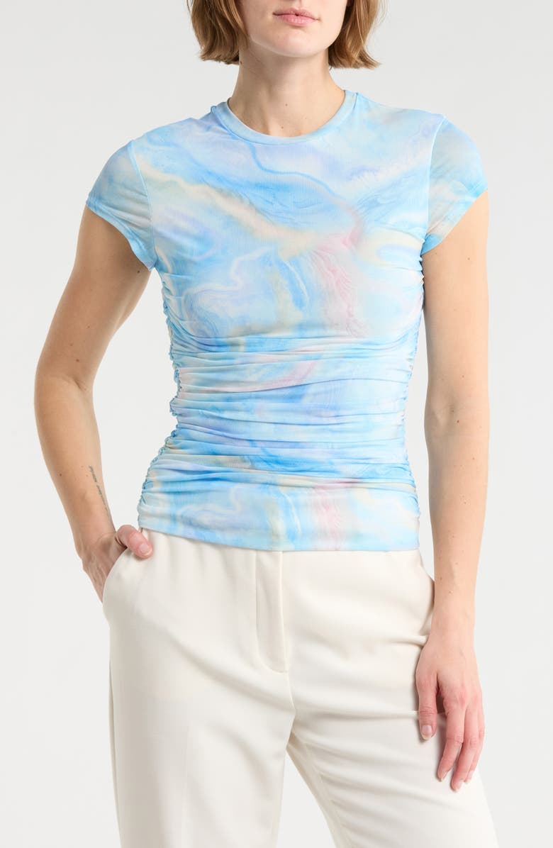 AFRM LOS ANGELES Lacey Cap Sleeve Ruched Mesh Top, Main, color, Blue Marble