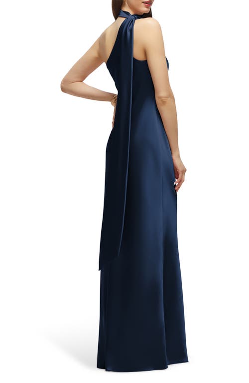 After Six Scarf Detail One-shoulder Satin Charmeuse Column Gown In Blue