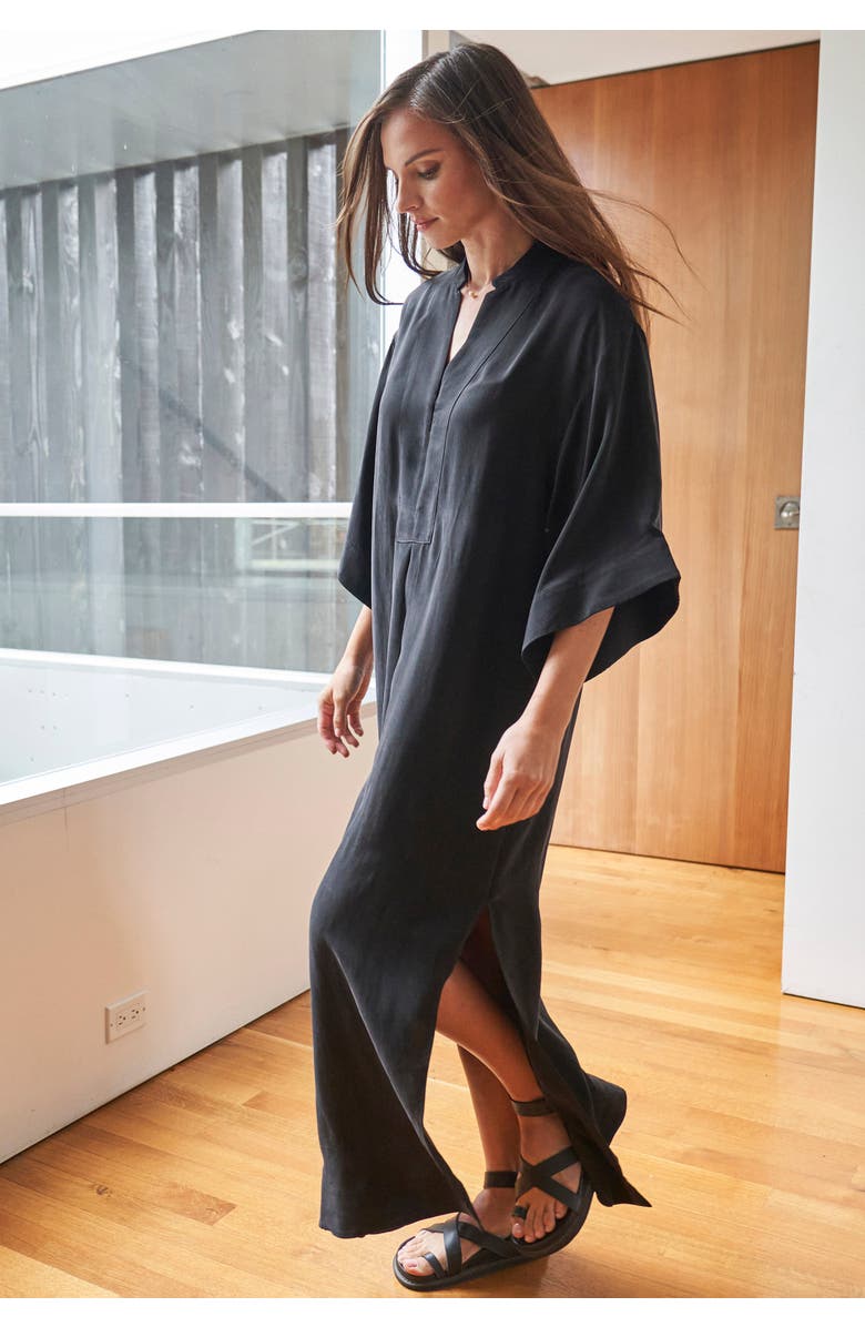 ocean+main Mandarin Collar Cupro Caftan, Alternate, color, Black