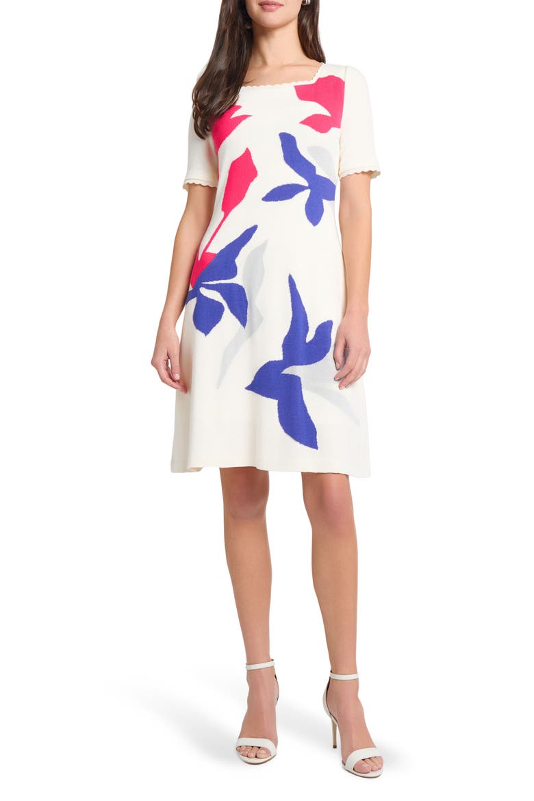 Floral Short Sleeve Sweater Dress, Main, color, IVORY/ SAPPHIRE/FUSCHIA