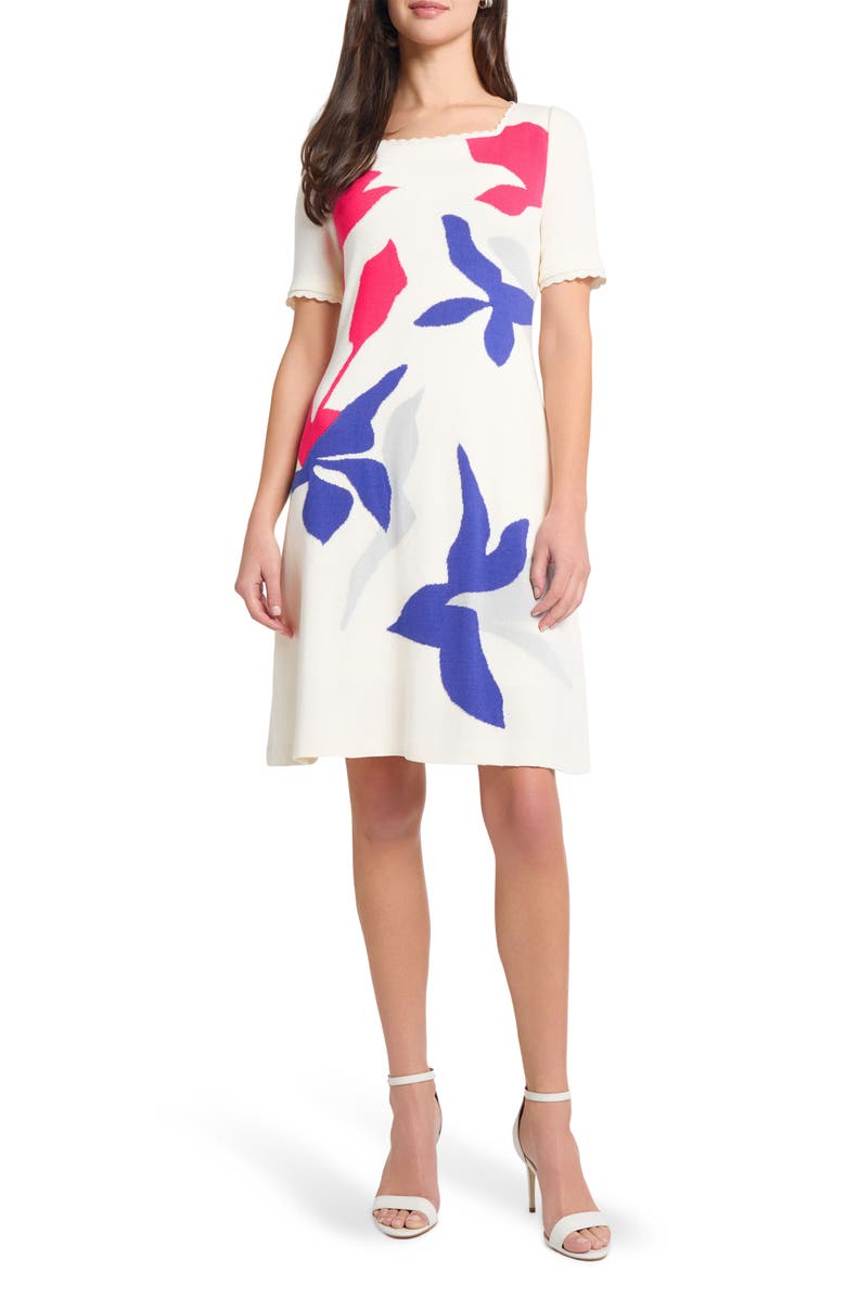 Ming Wang Floral Short Sleeve Sweater Dress, Main, color, Ivory/ Sapphire/Fuschia