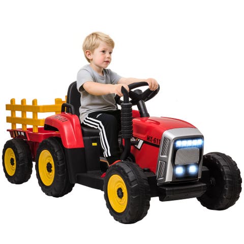 12V Kids Ride on Tractor with Trailer, 25W Dual Motors, Remote Control, Music, Startup Sound, Horn, Lights