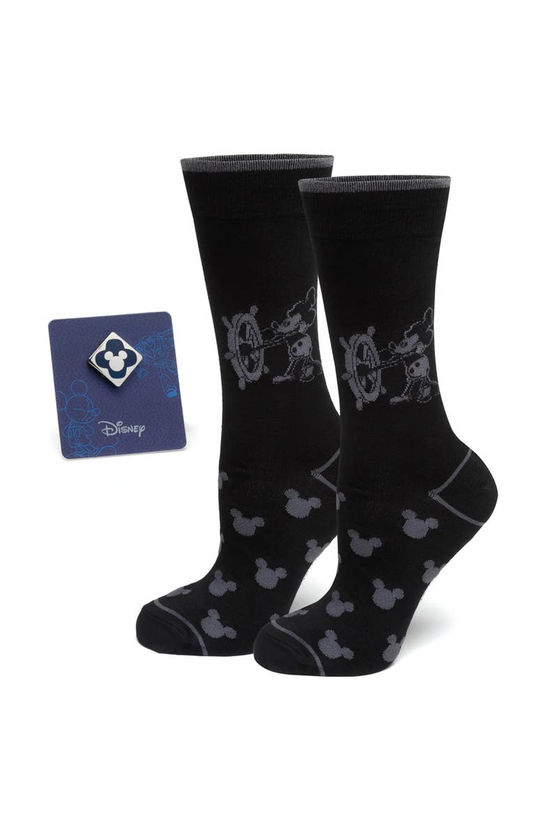 Cufflinks, Inc. Mickey Mouse Steamboat Willie Socks & Lapel Pin Gift Set, Main, color, Black Multi