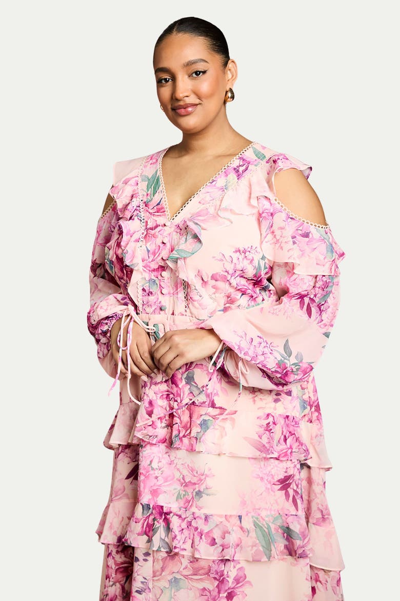 Shoulder Printed Ruffle Midi Dress, Alternate, color, Pink
