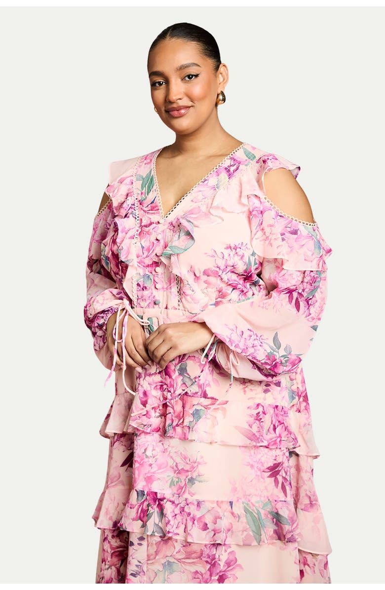 Coast Shoulder Printed Ruffle Midi Dress, Alternate, color, Pink