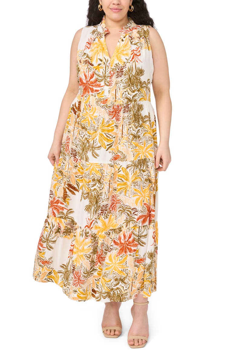 Tropical Print Split Neck Tiered Maxi Dress, Main, color, WALLFLOWER