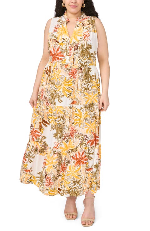 Tropical Print Split Neck Tiered Maxi Dress