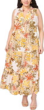 Vince Camuto Tropical Print Split Neck Tiered Maxi Dress