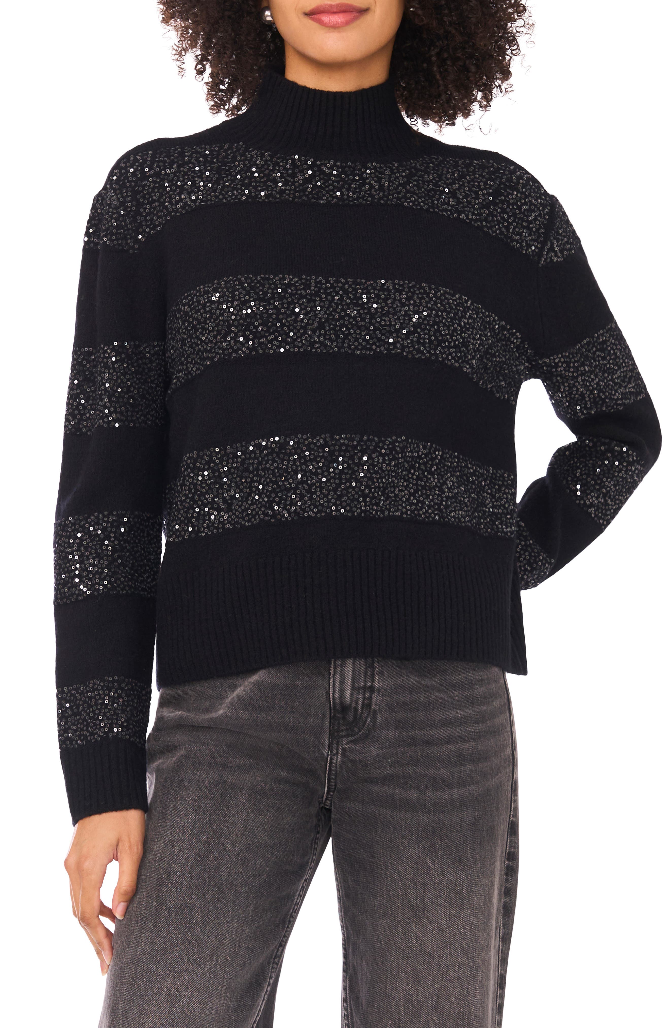 Halogen® Mock Neck Sequin Stripe Sweater