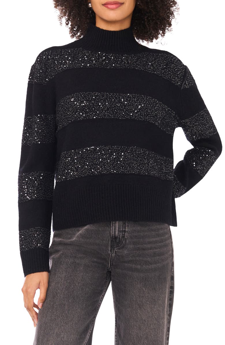 Halogen<sup>®</sup> Mock Neck Sequin Stripe Sweater, Main, color, Rich Black