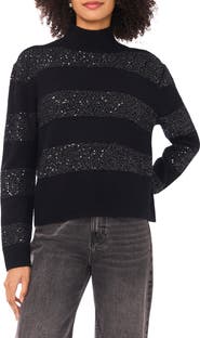 Halogen® Mock Neck Sequin Stripe Sweater