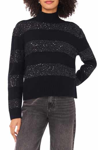 Halogen® Mock Neck Sequin Stripe Sweater