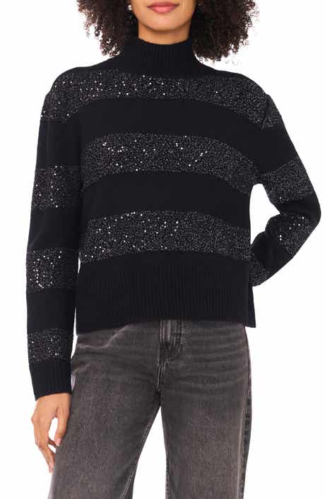 Halogen® Mock Neck Sequin Stripe Sweater